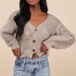 Snuggly Sparkle Taupe and Silver Eyelash Knit Cardigan